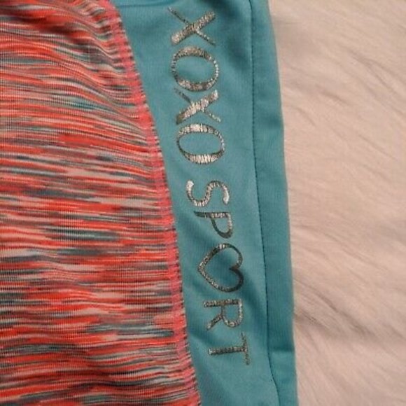 XOXO SPORT Size Large 6 NEON POLYESTER STRETCH ACTIVE LEGGINGS Pink Blue Stripes - Picture 2 of 7